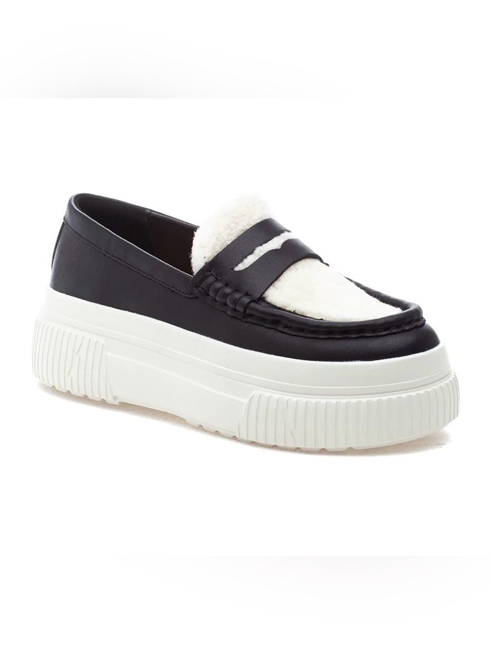 J/Sliders Black and White Platform Shearling Penny Loafer